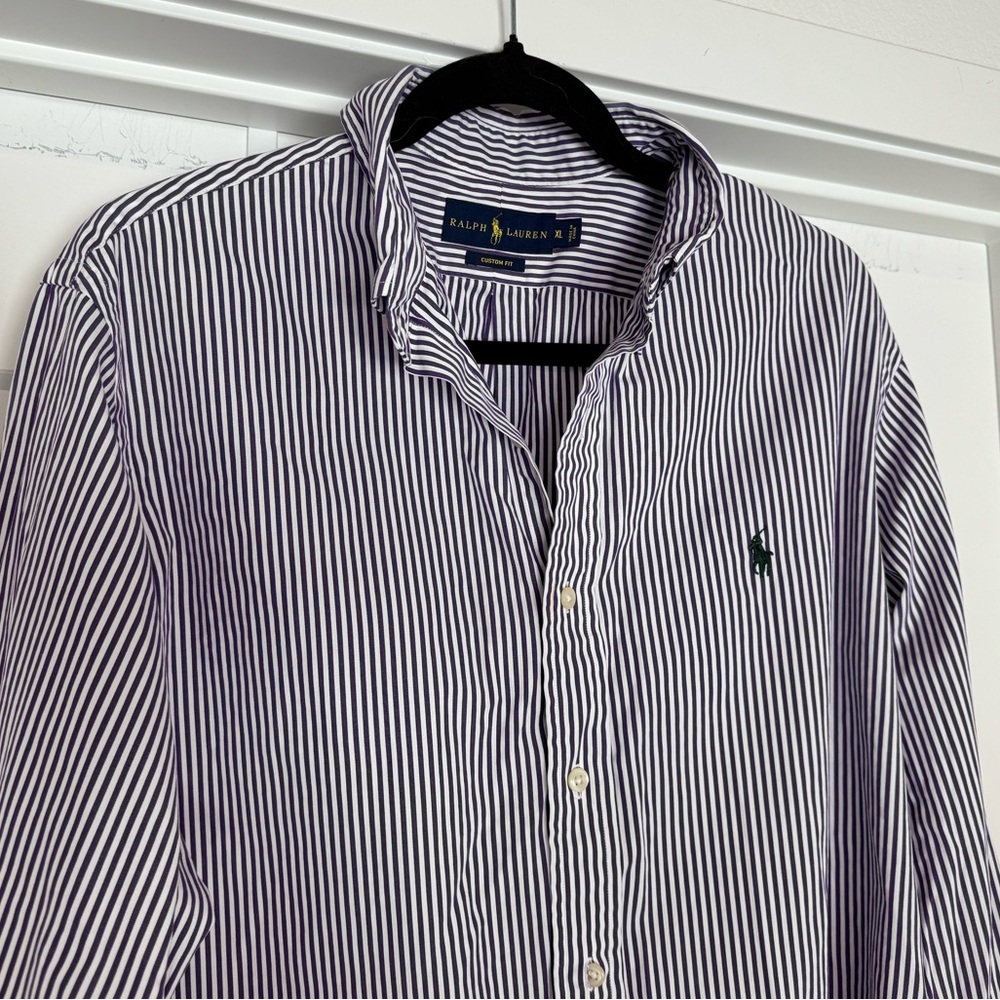 Vintage Ralph Lauren Men's Purple & White Striped Button Down